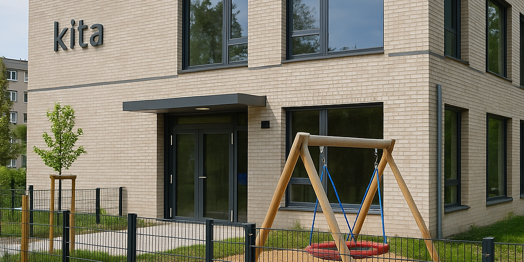 Fassade eines modernen Kita-Gebäudes mit Spielplatzschaukel und Bäumen im Hintergrund.