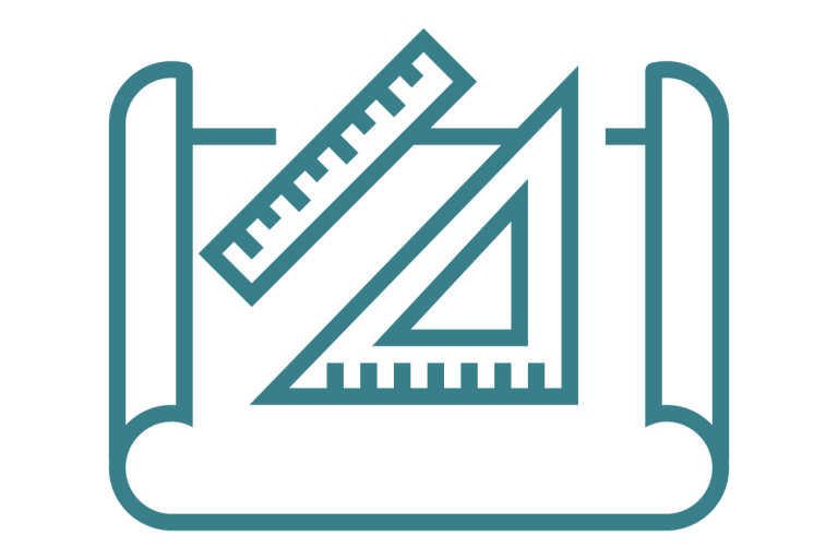 Symbol für technische Zeichnung mit Lineal und Winkelmaß auf Rolle.