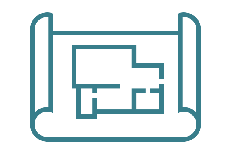 Bauplan mit Umriss eines Gebäudes auf einem entfalteten Blatt.