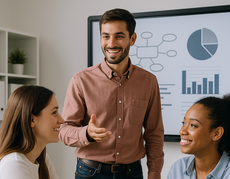 Drei Personen in einem modernen Büro mit Stadtblick, arbeiten an Laptops und Plänen.