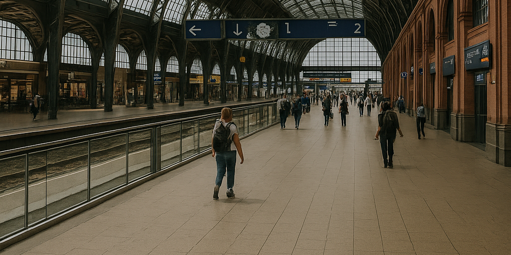 Ein großer Bahnhof mit Reisenden auf dem Weg zu den Gleisen. Helle, offene Architektur.